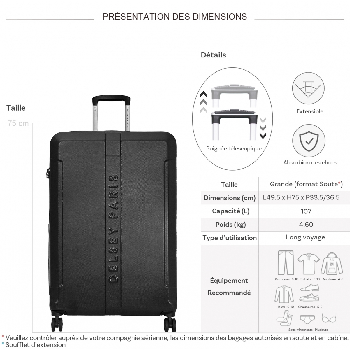 Grande valise rigide extensible Delsey Départ TSA 75cm - DEPART821 -  Couleur principale : NOIR - valise pas cher Solde 